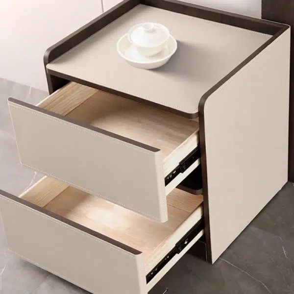 Contemporary Nordic Rectangular Leather Wood Nightstand 2-Drawer For Bedroom - Image 7