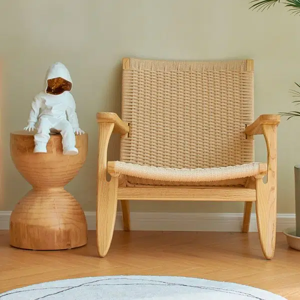 Contemporary Scandinavian Rectangular Wood Rattan Chair Backrest Armrest For Living Room - Image 2