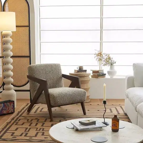 Contemporary Nordic Square Upholstered Cotton Linen Fabric Solid Wood Accent Chair Backrest Armrest For Living Room - Image 13