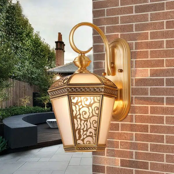 European Modern Hexagonal Lantern Copper Glass Waterproof 1-Light Outdoor Wall Sconce Lamp - Image 12