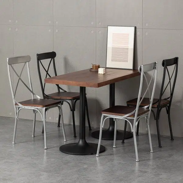 Contemporary Industrial Leather Wood Iron Square X Shape Back Dining Chair & Table Set For Dining Room - Image 18