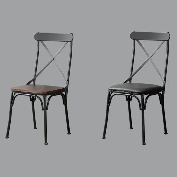Contemporary Industrial Leather Wood Iron Square X Shape Back Dining Chair & Table Set For Dining Room - Image 19