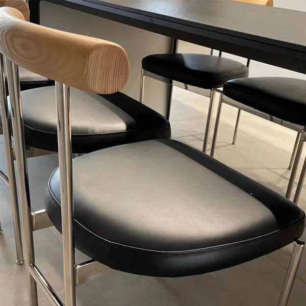 Contemporary Nordic Half Round Leather Metal Wood Curved Backrest Dining Chair For Dining Room - Image 13