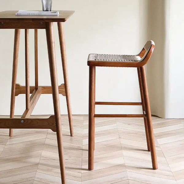 Contemporary Retro Square Kraft Paper Rope Weaving Solid Wood Bar Stool Low Back Footrest For Dining Room - Image 2