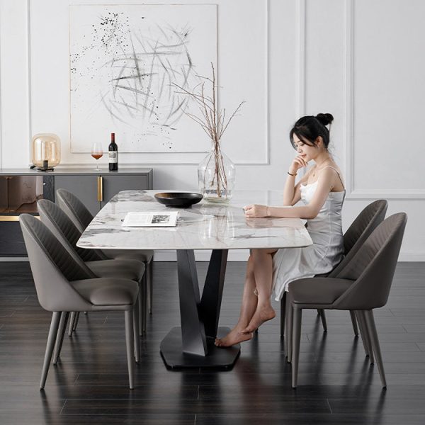 Contemporary Nordic Rectangular Arched Striped Backrest Leather Carbon Steel Dining Chair For Dining Room - Image 11