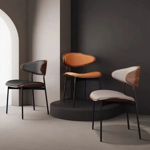 Contemporary Retro PU Wood Metal Sponge Square Curved Dining Chair Backrest For Dining Room - Image 3