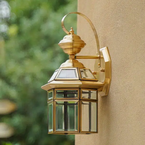 European Outdoor Hexagonal Cage Glass Copper 1-Light Waterproof Wall Sconce Lamp - Image 3