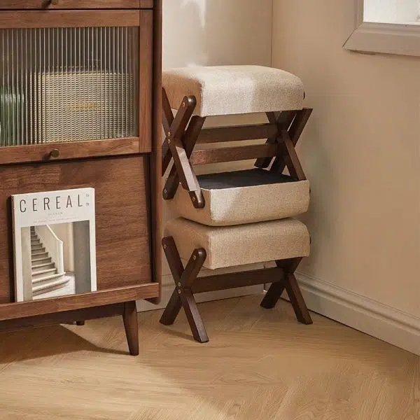 Traditional Chinese Rectangular Wood Fabric Chair Backless Armless For Living Room - Image 3