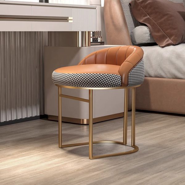 Contemporary Nordic Round Iron Leather Vanity Stool Backrest Armless For Bedroom - Image 5