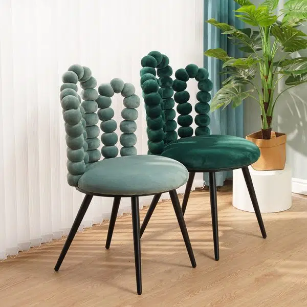 Contemporary Creative Trapezoidal Round Upholstered Bead String Backrest Velvet Carbon Steel Vanity Stool For Bedroom - Image 12