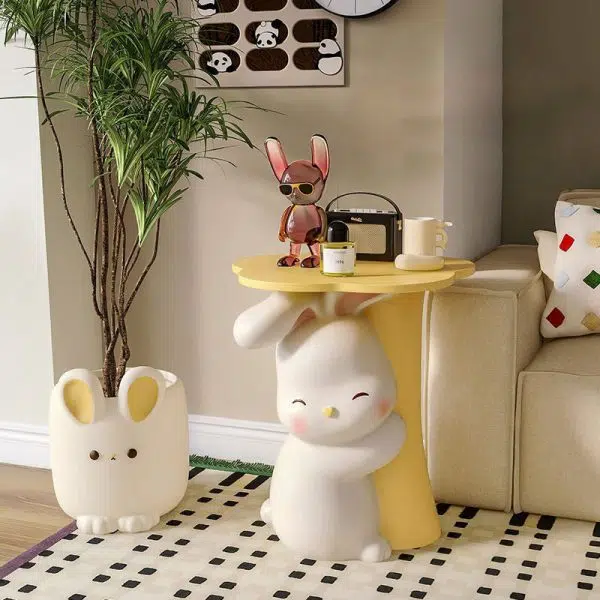 Contemporary Creative Kids Flower Rabbit Resin Wood End Table 1-Tray For Bedroom - Image 9