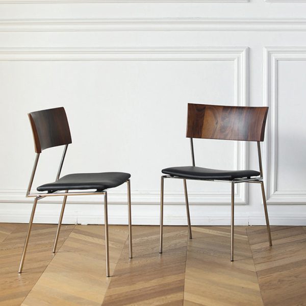 Contemporary Nordic Rectangular Curved Backrest Wood Leather Dining Chair For Dining Room - Image 9