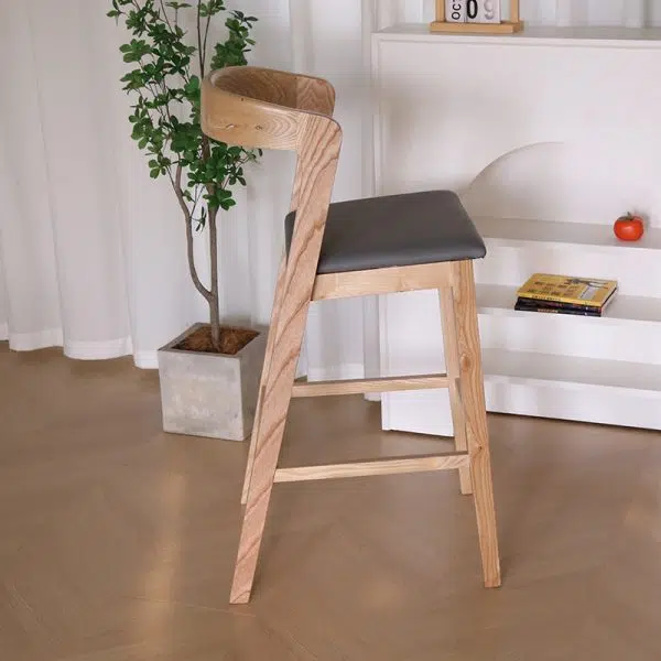 Contemporary Nordic Square Curved Fabric Wood Bar Stool Backrest Footrest For Dining Room - Image 7