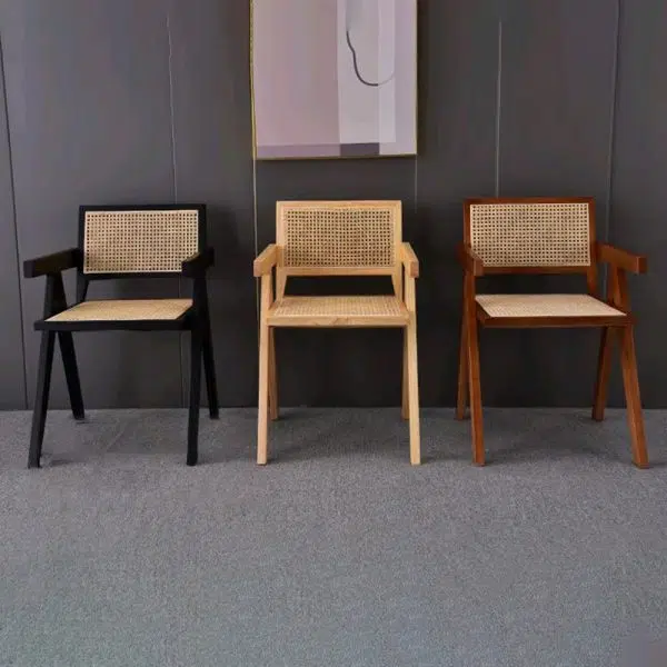 Contemporary Scandinavian Rectangular Wood Rattan Chair Backrest Armrest For Living Room - Image 15