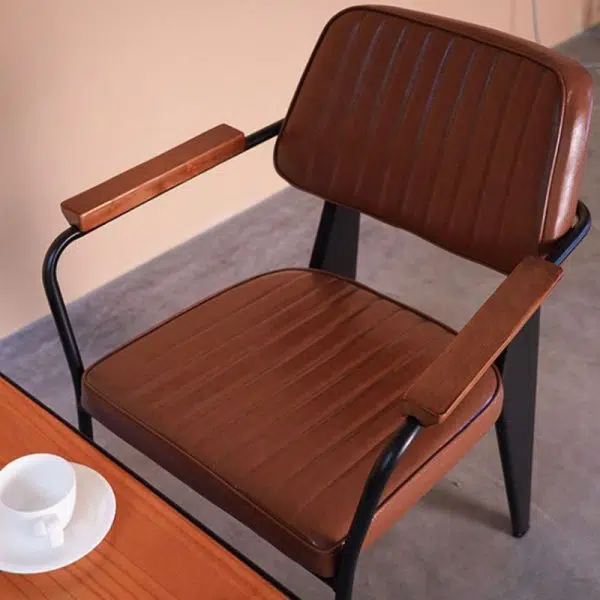 Contemporary Industrial Leather Metal Sponge Wood Square Vertical Stripe Dining Chair Backrest Armrest For Dining Room - Image 10