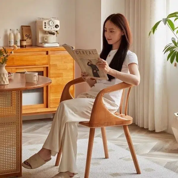 Contemporary Scandinavian Round Back Solid Wood Dining Chair Backrest Armrest For Dining Room - Image 11