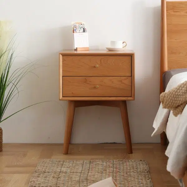 Contemporary Nordic Square Solid Wood Nightstand 2-Drawer For Bedroom - Image 3