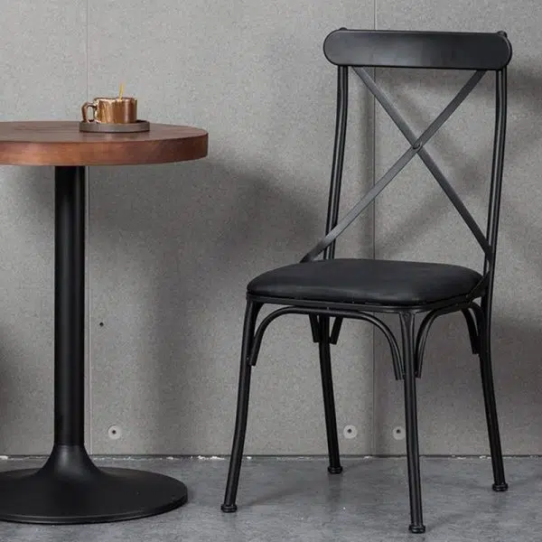 Contemporary Industrial Leather Wood Iron Square X Shape Back Dining Chair & Table Set For Dining Room - Image 12