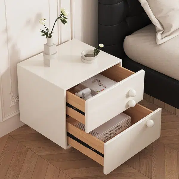 Contemporary Creative Rectangular Orb Artificial Plank Solid Wood Stainless Steel Nightstand 2-Drawer For Bedroom - Image 8