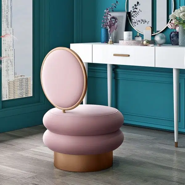 Contemporary Creative Round Fabric Iron Vanity Stool Backrest Armless For Bedroom - Image 12