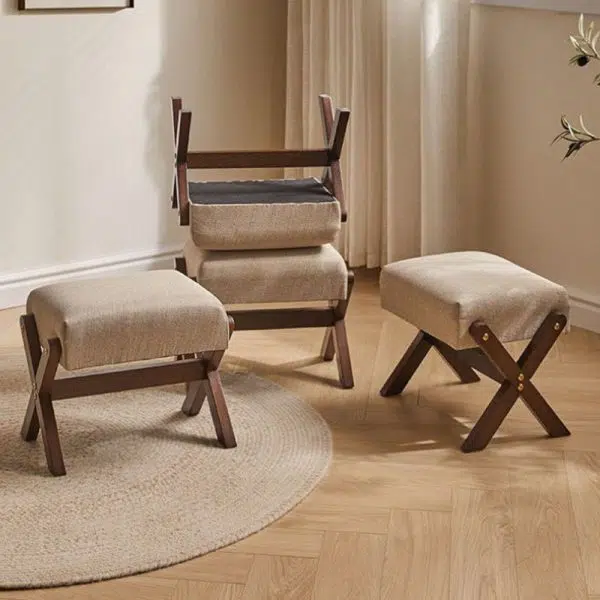 Traditional Chinese Rectangular Wood Fabric Chair Backless Armless For Living Room - Image 8