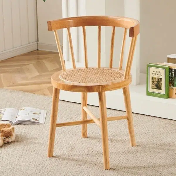 Contemporary Nordic Round Rubberwood Rattan Dining Chair Backrest For Dining Room - Image 9