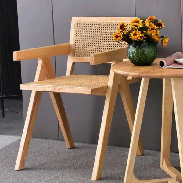 Contemporary Scandinavian Rectangular Wood Rattan Chair Backrest Armrest For Living Room - Image 16