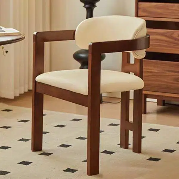 Contemporary Scandinavian Bent Square Leather Wood Dining Chair Backrest Arm For Dining Room - Image 2