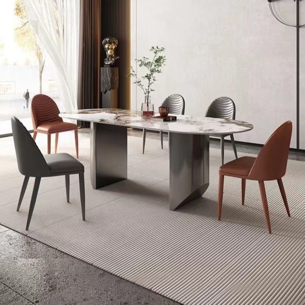 Contemporary Nordic Rectangular Arched Striped Backrest Leather Carbon Steel Dining Chair For Dining Room - Image 10