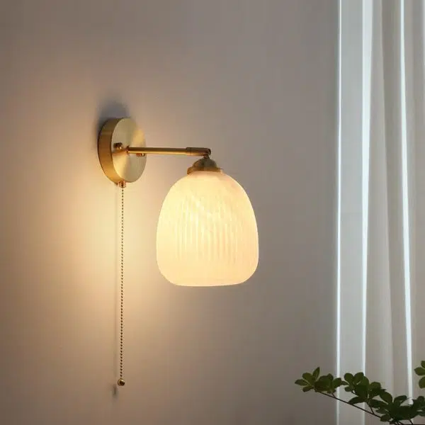 Nordic Striped Milk White Glass Brass 1-Light Pull Cord Wall Sconce Lamp - Image 5