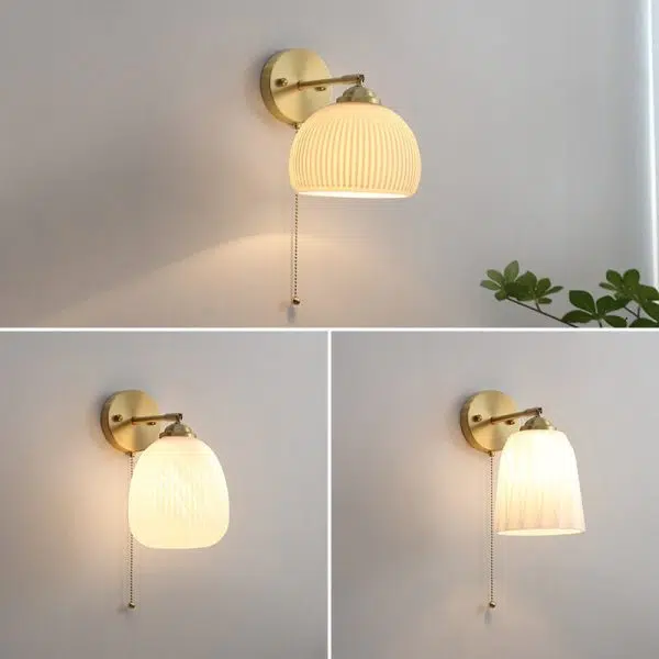 Nordic Striped Milk White Glass Brass 1-Light Pull Cord Wall Sconce Lamp - Image 12