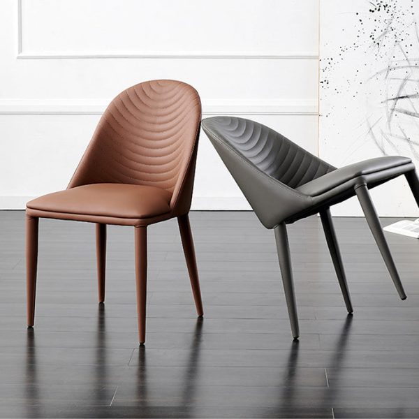 Contemporary Nordic Rectangular Arched Striped Backrest Leather Carbon Steel Dining Chair For Dining Room - Image 2