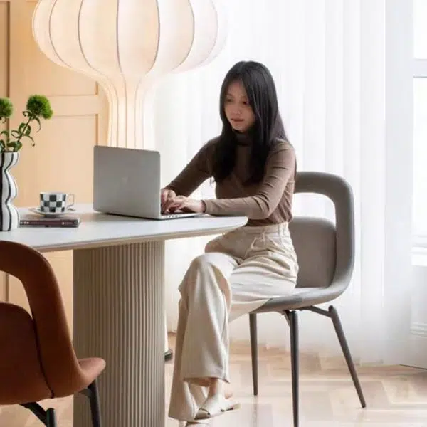 Contemporary Scandinavian Curved Leather Metal Tapered Legs Dining Chair Backrest For Dining Room - Image 16