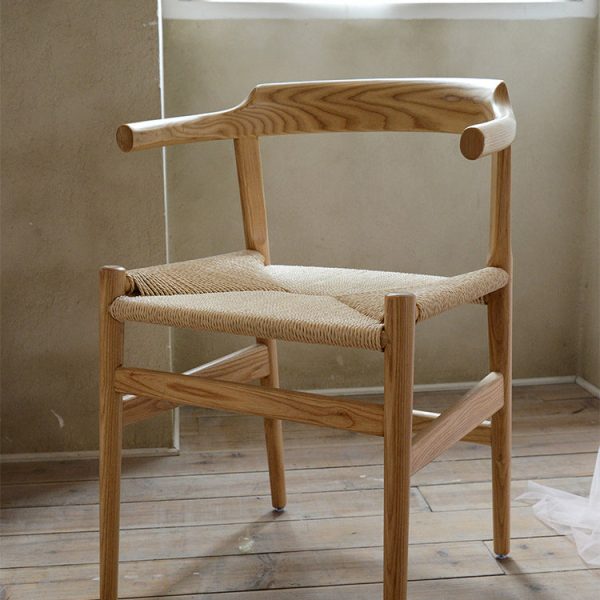 Contemporary Nordic Square Wood Rope Dining Chair Backrest Armrest For Dining Room - Image 3
