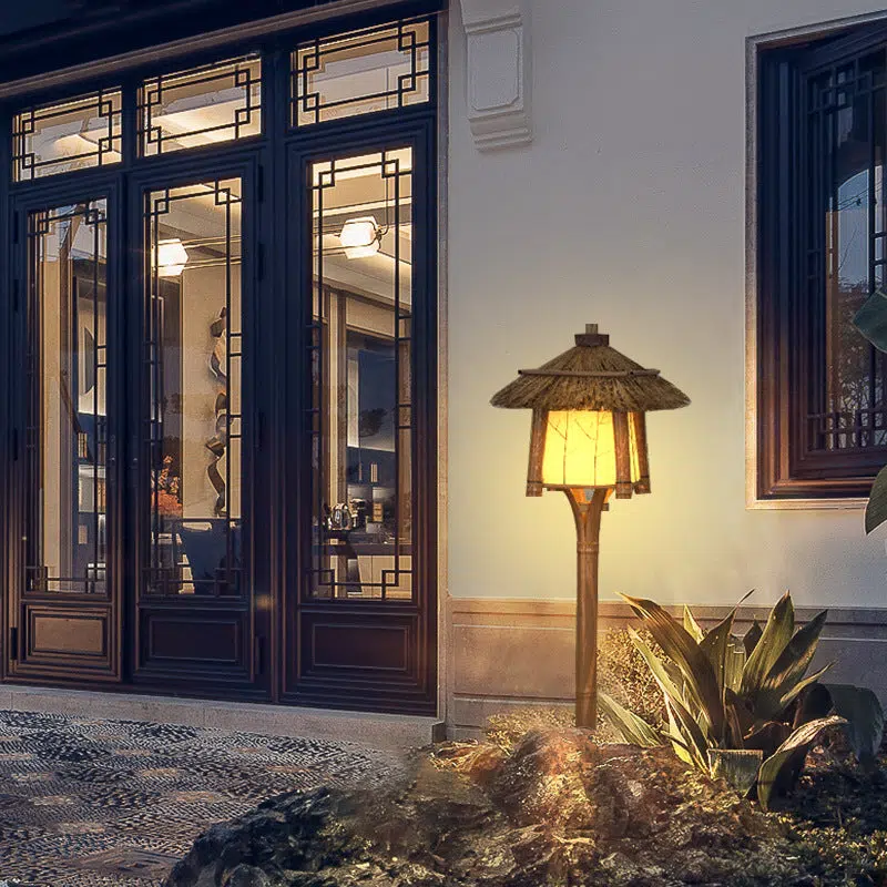 04-cbe9881b-48cc-4284-848f-619aaf144baf.jpg Traditional Rustic Four Corner House Bamboo Steel LED Outdoor Landscape Light For Garden - Image 1