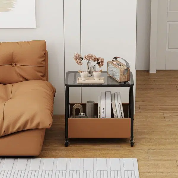 Contemporary Luxury Rectangular Glass Iron Leather End Table 2-Tier For Living Room - Image 17