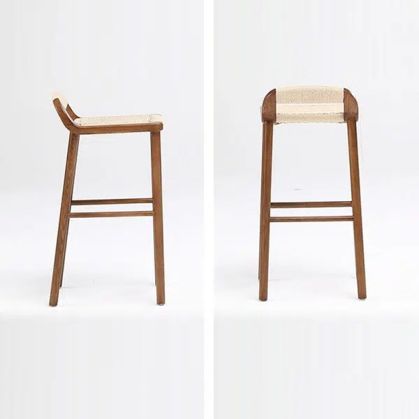 Contemporary Retro Square Kraft Paper Rope Weaving Solid Wood Bar Stool Low Back Footrest For Dining Room - Image 11