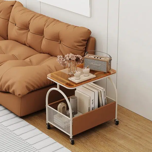 Contemporary Luxury Rectangular Glass Iron Leather End Table 2-Tier For Living Room - Image 7