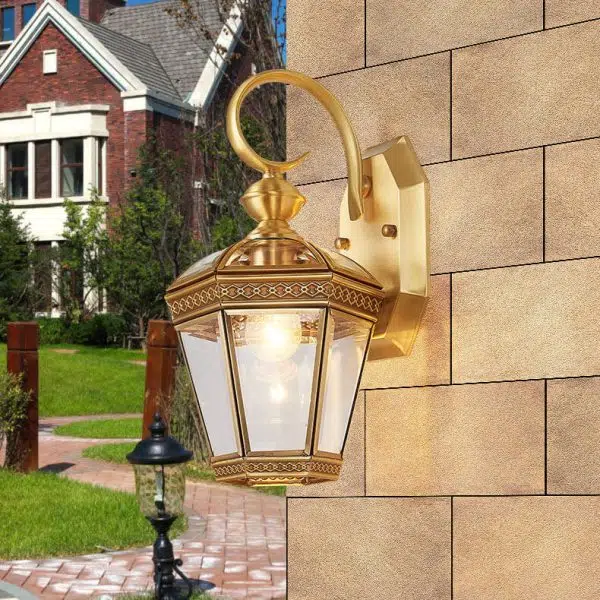 European Modern Hexagonal Lantern Copper Glass Waterproof 1-Light Outdoor Wall Sconce Lamp - Image 2