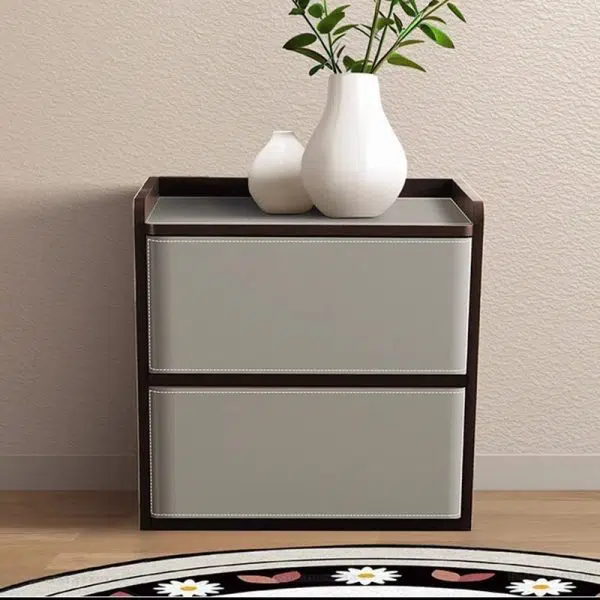 Contemporary Nordic Rectangular Leather Wood Nightstand 2-Drawer For Bedroom - Image 17