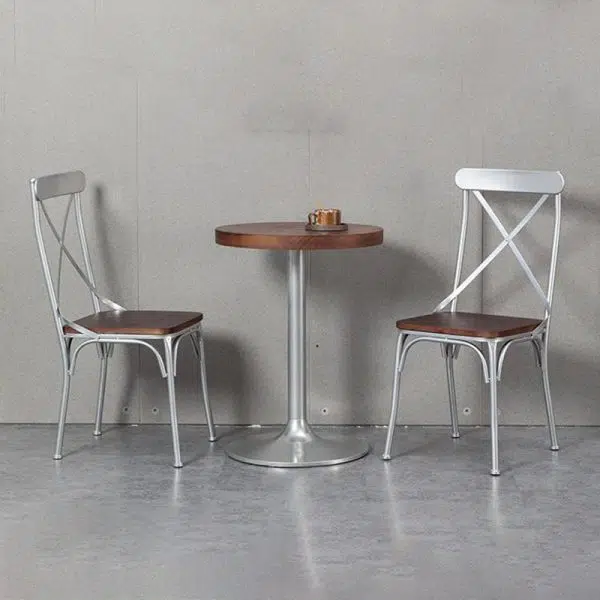 Contemporary Industrial Leather Wood Iron Square X Shape Back Dining Chair & Table Set For Dining Room - Image 4