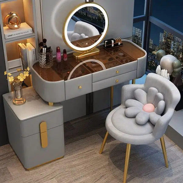 Contemporary Creative Floral Round Velvet Metal Vanity Stool Backrest Arm For Bedroom - Image 2