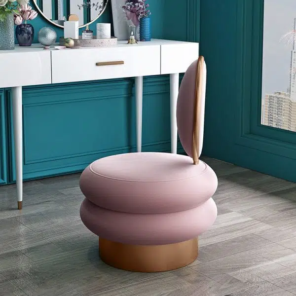 Contemporary Creative Round Fabric Iron Vanity Stool Backrest Armless For Bedroom - Image 2