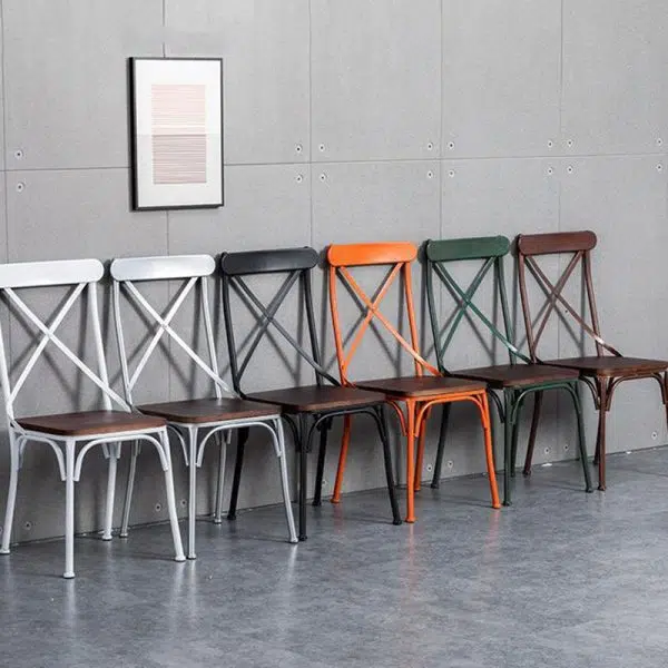 Contemporary Industrial Leather Wood Iron Square X Shape Back Dining Chair & Table Set For Dining Room - Image 3