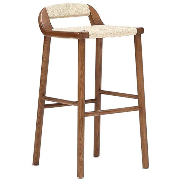 Contemporary Retro Square Kraft Paper Rope Weaving Solid Wood Bar Stool Low Back Footrest For Dining Room - Image 13