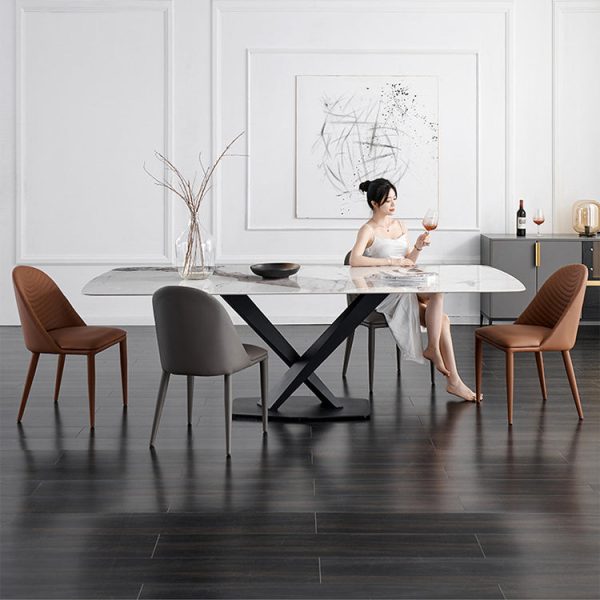 Contemporary Nordic Rectangular Arched Striped Backrest Leather Carbon Steel Dining Chair For Dining Room - Image 12
