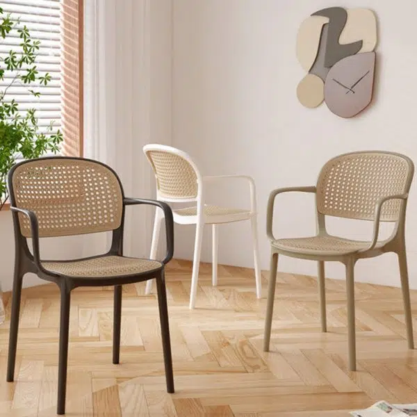 Contemporary Nordic Square Rattan Plastic Dining Chair Backrest Armrest For Dining Room - Image 2