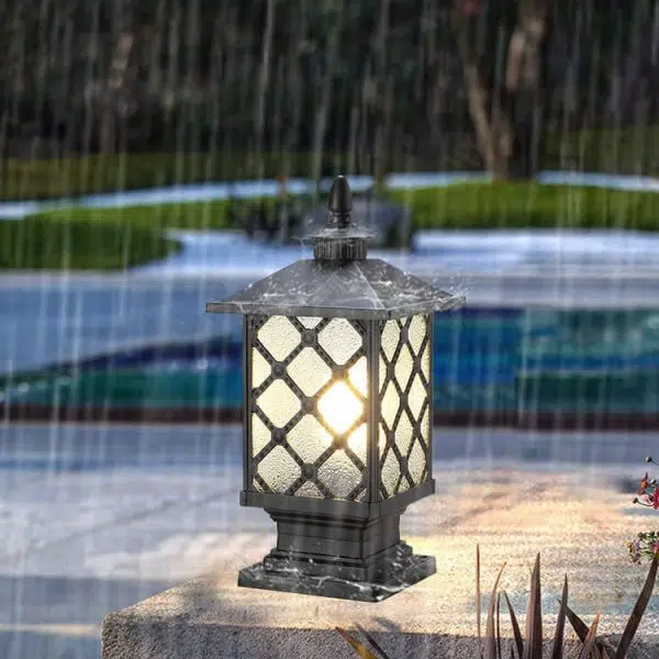 Outdoor Chinese Frosted Glass Aluminum Square Cage Post Head 1-Light Waterproof Patio Landscape Light - Image 15