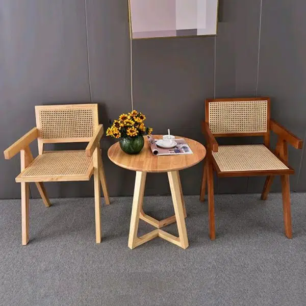 Contemporary Scandinavian Rectangular Wood Rattan Chair Backrest Armrest For Living Room - Image 17