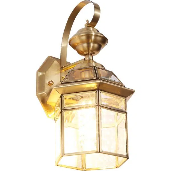 European Outdoor Hexagonal Cage Glass Copper 1-Light Waterproof Wall Sconce Lamp - Image 11